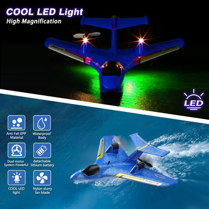 RoofWorld RC Water Plane,RC Airplane for Water Land and Air, Remote Control Airplane Flying Fighter Toys,2.4GHz 6-axis Gyro Stabilizer RTF Glider Aircraft Jet for Kids Adults Beginners Boys (Blue)