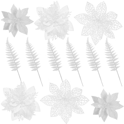 30 Pcs 3 Styles Poinsettias Artificial Christmas Flowers Decorations Set, 18 Poinsettia Flowers Artificial with 12 Christmas Tree Picks for Xmas Decor Holiday Party Decorations（White）