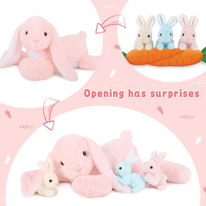 BENINY Big Pink Bunny Stuffed Animal 24" - Large Easter Stuffed Bunny Rabbit Plush Toy Gifts for Girls Baby - Plushy Mommy Bunny Surprise with 3 Babies Inside
