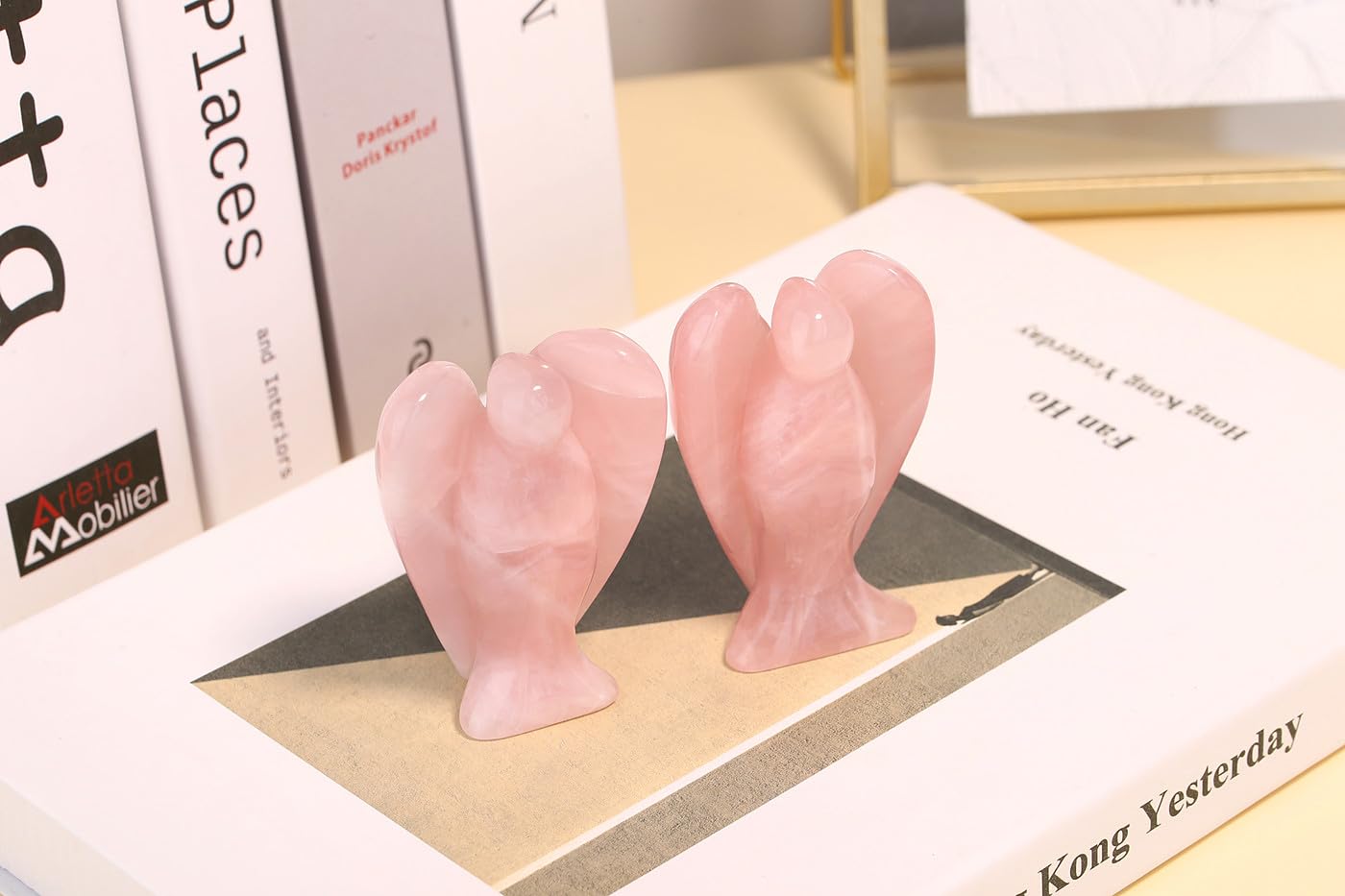 QINJIEJIE 3" Rose Quartz Angel Large Crystals Decor Healing Stones Peace Angel Desk Figurine Big Light Pink Gemstone Statue Home Pocket Polished Room Office Decorations Guardian Gift for Women