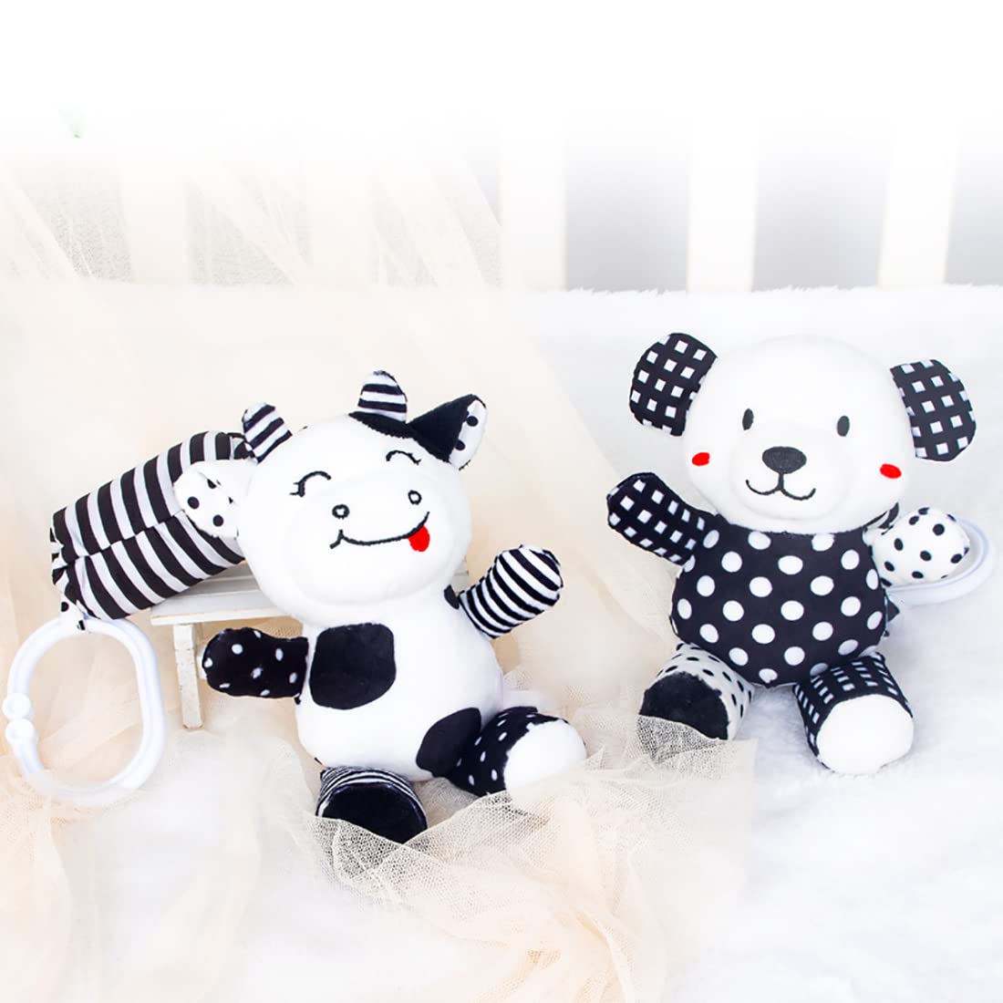 SHXERO Baby Car Seat Toys, Black White Stroller Toy Stretch Baby Spiral Plush Toys, Hanging Rattle Toys for Crib Mobile, Newborn Sensory Toy Best Gift for 0 3 6 9 12 Months (Calf/Panda)