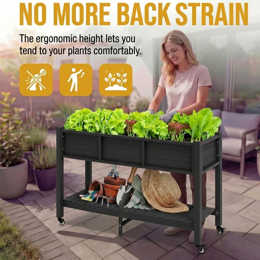 DWVO Raised Garden Bed HDPE with Wheels & Legs, 47x18x31in Weather-Resistant Poly-Wood Elevated Planter Box Outdoor, Double Tier Planters for Patio Balcony Backyard, Black