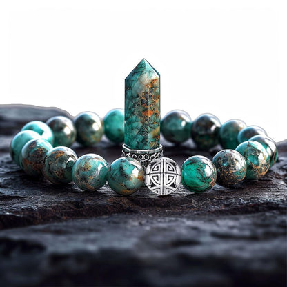 MetJakt Healing Crystals Beaded Bracelets for Womens Natural Gemstone 8mm Beads Stretch Bracelets with 925 Sterling Silver Double Happiness Pendant (African Turquoise AAAAA+)