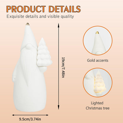 Luxstyra White Ceramic Gnome Figurine with Christmas Tree Lighted, 7.5" Christmas Gnome Decoration, Light Up Xmas Tree with Timer, Gnomes Gifts for Women, Sandinavian Xmas Decor for Tabletop Mantel