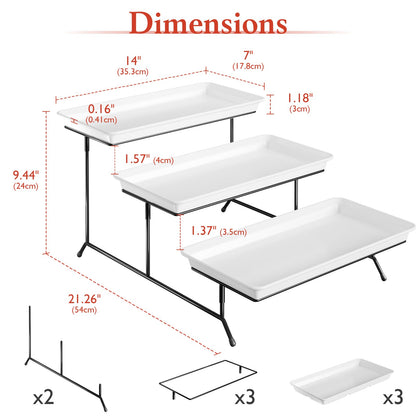 3-Tier Melamine Serving Tray Set, 14"x7" Platters for Serving Food, White Reusable Trays with Black Metal Display Stand for Cupcakes, Sevring Food, Dessert, Fruit, Cookie, Black