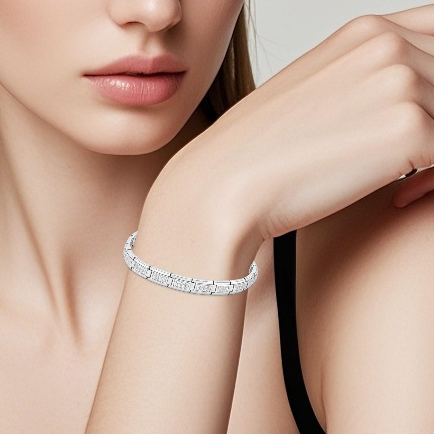 KYOSI Magnetic Bracelets for Women, Stainless Steel Silver Bracelet with Cubic Zirconia, Adjustable Chain Fashion Zircon Jewelry Womens Gift