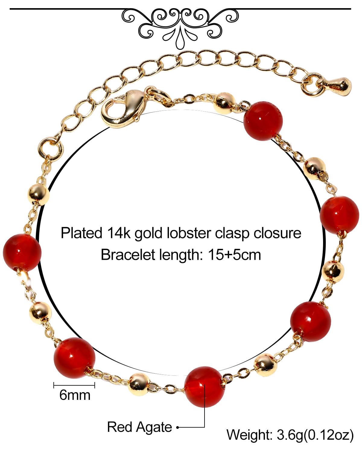 Xfoxstal 14K Gold Plated Chain Bracelets for Women Crystals and Stones Beaded Bracelets Jewelry Adjustable (Red Agate)
