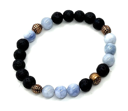 AWAKEN YOUR KUNDALINI Lava Rock & Aquamarine Stretch Bracelet – 8mm Beads, Copper Spacers