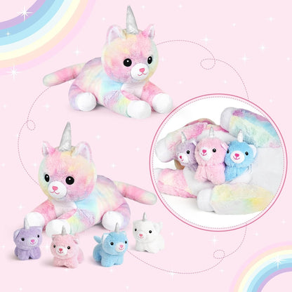 KMUYSL Toys for Ages 0 1 2 3 4 5 6 7 8+ Years - Plush Mommy Stuffed Animal with 4 Babies in Her Tummy, Soft Plush Toys Set, Christmas Birthday Gifts for Girls Boys, Toddler, Kids (Unicorn Cat Toys)