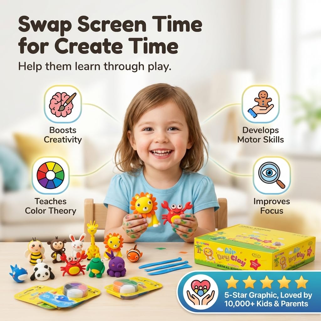 Obvio Home Air Dry Clay for Kids - 12 Animal Designs Modeling Clay Kit - Model Sculpting Set, Ultra Soft Safe & Non-Sticky | DIY Crafts, School Projects & Party Favors for Boys & Girls