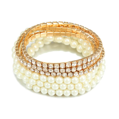 COLORFUL BLING Women Multilayer Temperament Imitated Pearl Stackable Strand Bracelets Beaded Seed Heart Rhinestone Crystal Stretch Bracelet Wedding Wrist Jewelry-zircon