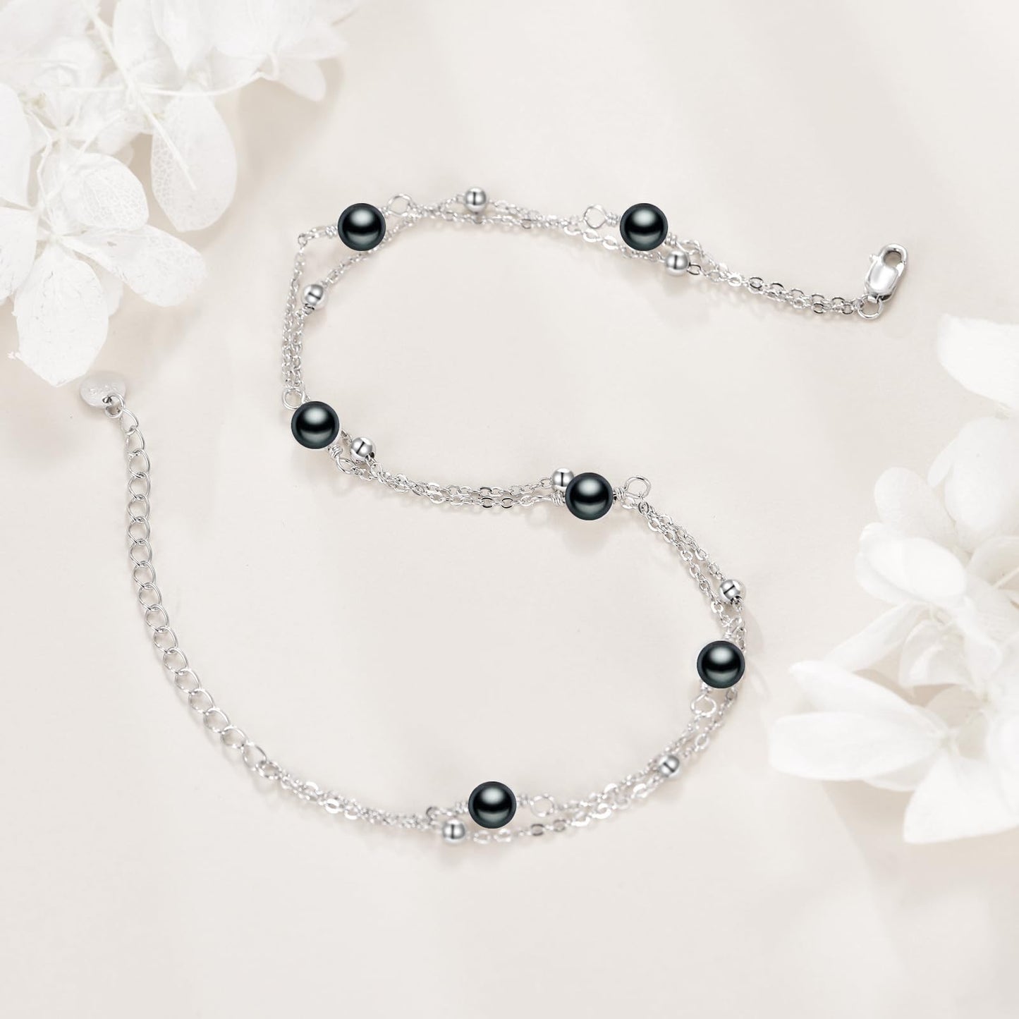 CRMAD Black Pearl Bracelet Anklet for Women Sterling Silver Beach Jewelry Gift for Women (black pearl, bracelet 7+2'')