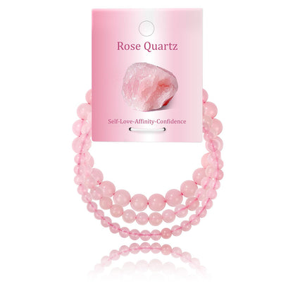 Bolinailo 3Pcs Natural Healing Crystal Bracelets for Women Men, 4mm 6mm 8mm Beaded Stretch Bracelet Set, Rose Quartz Natural Stone Gemstone Jewelry Gifts for Meditation, Reiki & Yoga