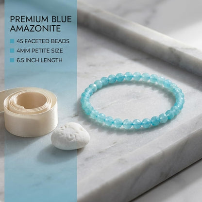 Angelstones Natural Brazilian Blue Amazonite Gemstone Stretch Bracelet, 4mm Faceted Round Beads, Crystal Healing for Women