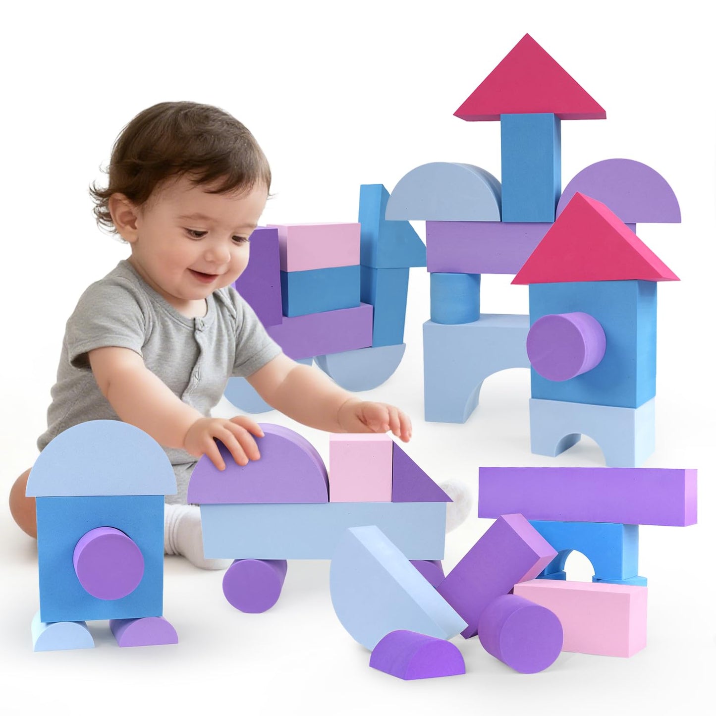 Bingyouth Large Building Foam Blocks for Toddlers, EVA Stacking Foam Building Blocks Toy Set, Non-Toxic, Washable, Early Learning Construction Toys & Gifts for Kids Boys & Girls (Pink, Pieces, 30)