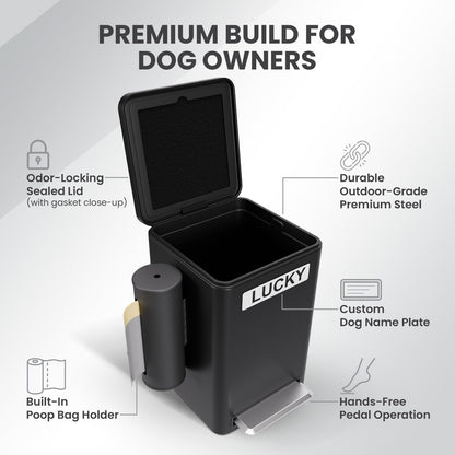 Dog Poop Trash Can Outside, 6L Metal Outdoor Dog Waste Bin with Lid & Soft Close Pedal, Pet Waste Container with Charcoal Filter, Removable Inner Bucket, Bag Holder, Stickers & Custom Name Plate