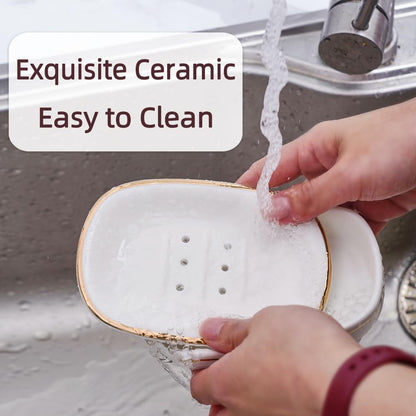 Self Draining Soap Dish, Double-Layer Bar Soap Tray, White Ceramic Soap Dish with Elegant Patterns (Style B)