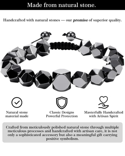 Crystery Beaded Bracelet for Men, 10mm Natural Stones Bracelet for Men's Gift, Adjustable Precision-Cut Gemstone Crystal Healing Bracelet, Protection Jewelry Gift with Hematite, Tiger Eye (Hematite)