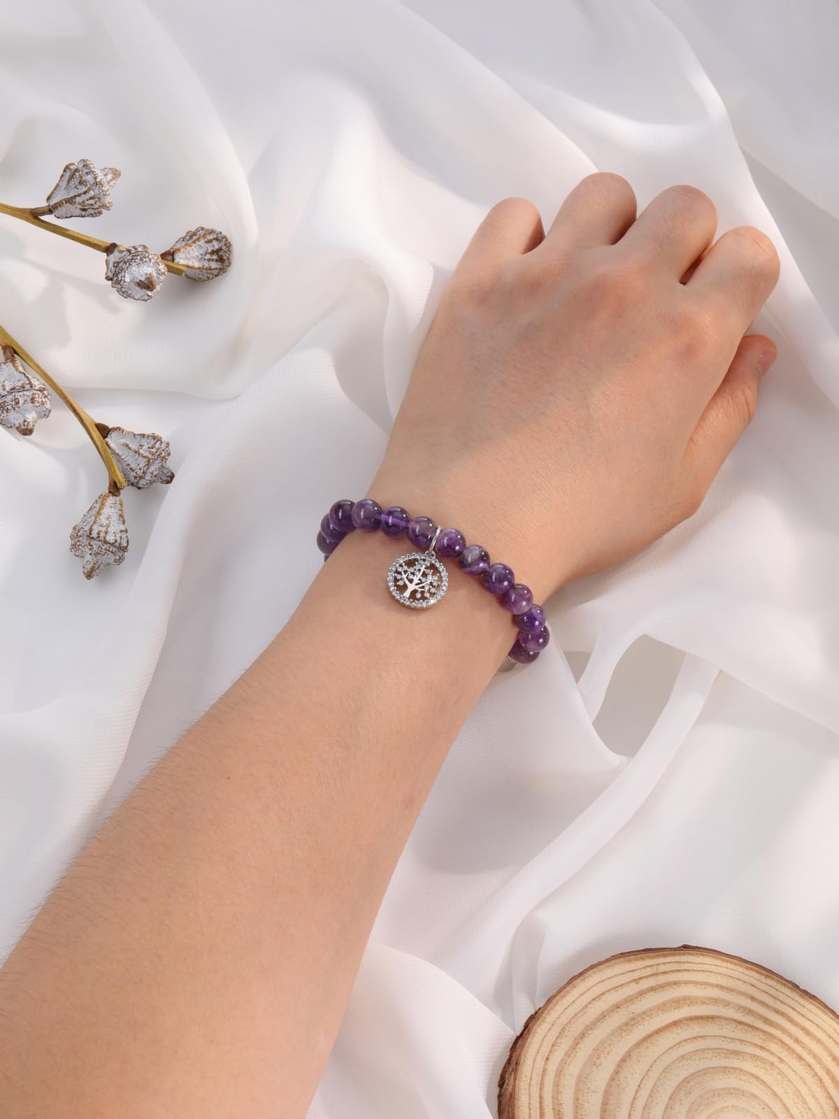 MANIFO Amethyst Chakra Crystals Bracelet for Women Healing Crystal Bracelet Natural Gemstone Beaded Bracelets with Life Tree Charm Jewellery Valentines Christmas Gifts