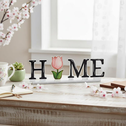 Smile Interchangeable Home Table Signs, Spring Easter Tulips Bunny with 10 Pcs Seasonal Icons, Wooden Sign Decor, HOME Letter Sign Ornaments Set Decorative Shelf Blocks