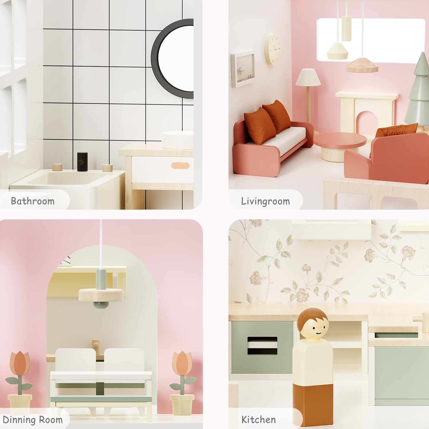 Fabuday Modern Wooden Dollhouse for Kids Girls - 8 Rooms Doll House Playset, DIY Pretend Toy Play Houses Kits with 81 Pcs Furniture Accessories, Dolls & Pets, Gift for Toddlers Ages 3+
