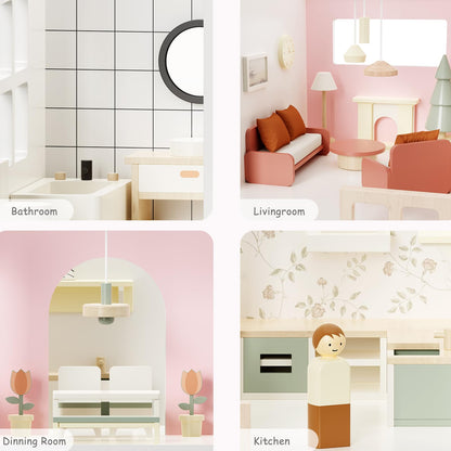 Fabuday Modern Wooden Dollhouse for Kids Girls - 8 Rooms Doll House Playset, DIY Pretend Toy Play Houses Kits with 81 Pcs Furniture Accessories, Dolls & Pets, Gift for Toddlers Ages 3+