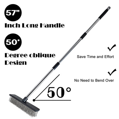 Heavy Duty Wire Push Broom Brush, 15.7" Stainless Steel Bristle Deck Brush with Long Handle for Removing Weeds, Outdoor Broom for Rough Surface Dirt