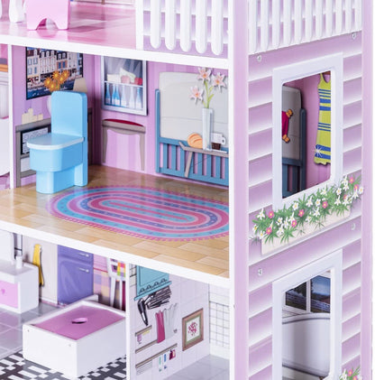 Honey Joy 3-Level Wooden Dollhouse with 8 Pcs Furniture, Pretend Play Kids Doll's House, Princess Mini Toy Playset, Gift for Little Girls (Pink, 2.5FT)
