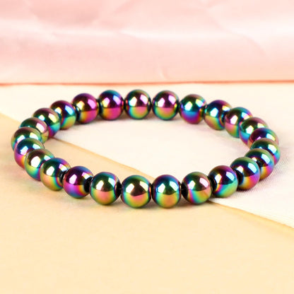 LPBeads Handmade Natural Gemstone Stretch Elastic 8mm Rainbow Coated Hematite Bracelet Healing Crystal Round Stone Beads Jewelry Gifts for Women Men