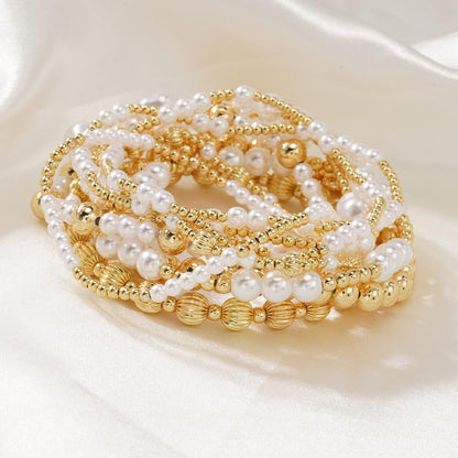 Dainty 14K Gold Pearl Beaded Bracelet Stack for Women,Handmade Bohemian Pearl Non Tarnish Stackable Bracelets Fashion Holiday Party Accessories Jewelry Gift Friendship