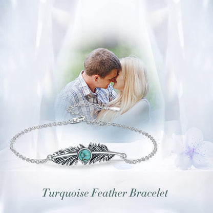BETHZA Feather Turquoise Bracelet for Women Sterling Silver Genuine Turquoise Gemstone Link Adjustable Bracelet Navajo Jewelry Gift for Birthday Mothers Day (7+2")
