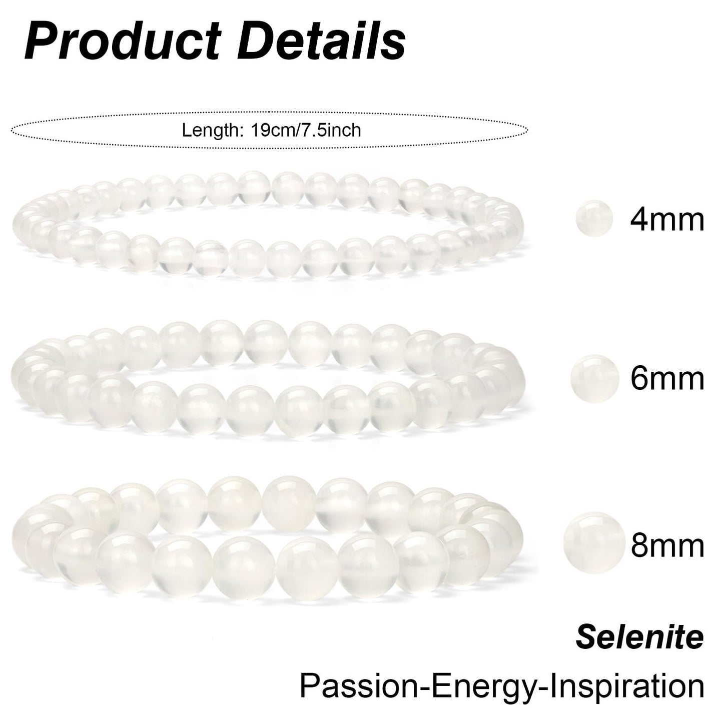 Bolinailo 3Pcs Natural Healing Crystal Bracelets for Women Men, 4mm 6mm 8mm Beaded Stretch Bracelet Set, Selenite Natural Stone Gemstone Jewelry Gifts for Meditation, Reiki & Yoga