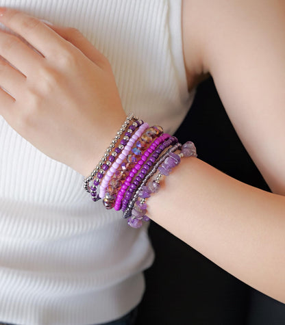 Noessla Boho Beaded Bracelets for Women Stackable Irregular Natural Stone Bead Stretch Bracelet Set 8PCS Costume Jewelry Gifts for Her(Purple)