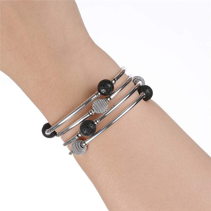 PEARL&CLUB Beaded Chakra Bangle Turquoise Bracelet - Fashion Jewelry Wrap Bracelet with Thick Silver Metal and Mala Beads, Birthday Gifts For Women(63-Lava Black)