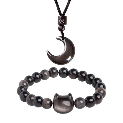 Black Obsidian Cat Bracelet and Moon Pendant Necklace Jewelry Set-Cat Lover Gifts,Wealth Attraction,Good Luck,Bead Bracelet,Mindfulness,Beaded Bracelets, Obsidian Pendant Necklace-Cute Gifts for Women