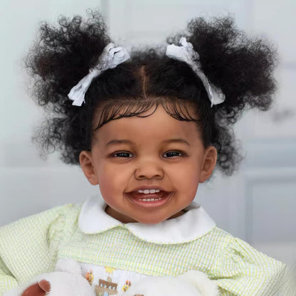 Wamdoll 24Inches Sweet Smiling Rooted Curly Hair Lifelike Reborn Baby Girl Dolls that Look Real and Feel Real, Realistic Newborn Toddler Collectible Art Doll in Dark Brown Skin