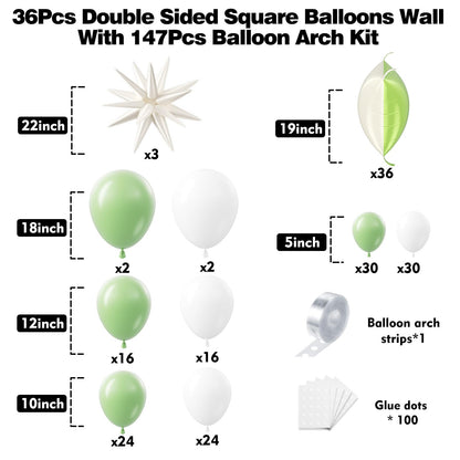 HKYOOD 36pcs Cream Green and Cream White Square Foil Balloons Wall Backdrop with 147pcs Balloon Garland Arch Kit, Double Sided Balloons for Birthday Wedding Bridal Shower Baby Shower Party Decorations