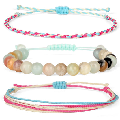 QOGIR Handmade Healing Stones Bracelet,8mm Natural Multi Color Amazonite Gemstone Beads Bracelet,for Men Women Gifts with 2PCS Size Adjustable Rope Bracelets