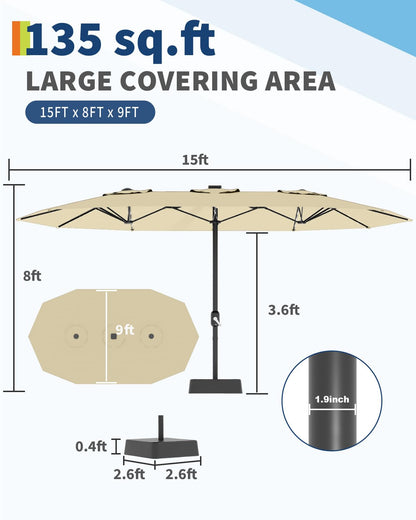 GarveeTech 15FT Solar Patio Umbrella with 36 LED Lights, Weighted Base Included, Tilt and Crank Market Umbrella for Backyard, Garden, Deck, Pool, Beach, Beige
