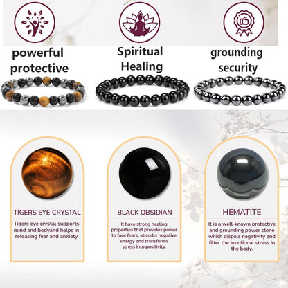 Crgwxzl 3pcs Triple Protection Bracelet, Genuine Tigers Eye Black Obsidian and Hematite 8mm Beads Bracelet for Men Women, Crystal Jewelry Stone Bracelets for Men Bring Luck Prosperity