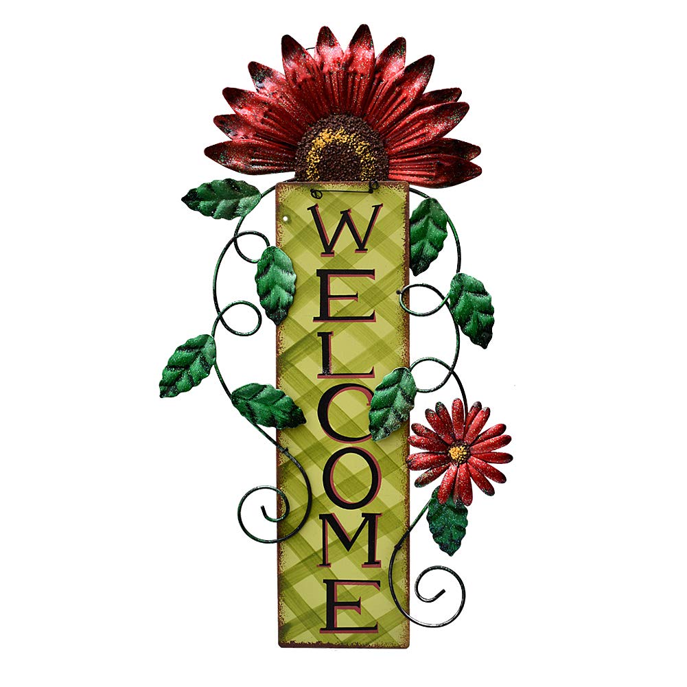 E-view Metal Welcome Sign Rustic Wall Hanging Plaque - Decorative Welcome Flower Signs for Porch Front Door Farmhouse Home Decoration Garden Themed Wreath Ornament (Red)