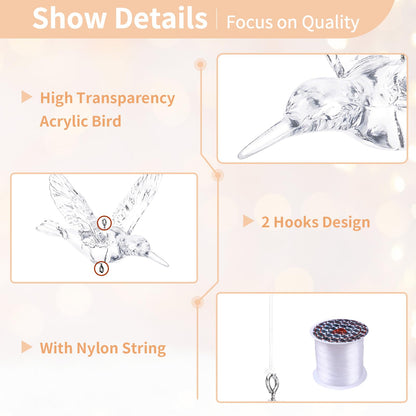 NUPTIO Crystal Ceiling Hanging Ornaments: 50 Pcs Acrylic Flying Birds for Wedding Party Window Garden Bedroom Outdoor Birthday - Christmas Tree Decorations with Transparent Line