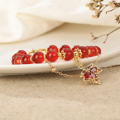 XIAOMOJEW Jade Beaded Bracelets for Women Fall Maple Pendant Bangle Bracelets Chinese Style Bangle Lucky Boho Jewelry (Red Maple)