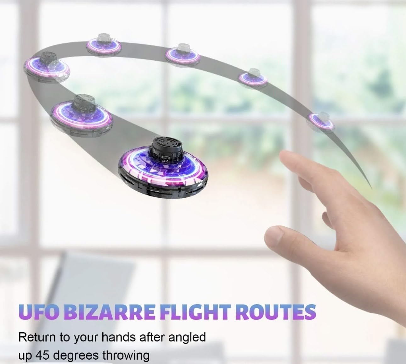 Flying Spinner Mini UFO Drone with Lights, 360°. Fidget Spinner Flying Boomerang Toys Magical Hand Controlled Gifts for Kids & Friends,Cool Game for Birthday Party Team Play (Black)