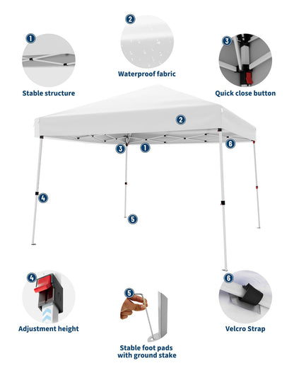 10x10ft Pop Up Canopy Tent with Slant Legs – Outdoor Instant Gazebo Shelter, UV-Resistant Waterproof Cover, Adjustable Height, Carrying Bag – 8x8ft Shade for Patio, Beach, Garden, Events