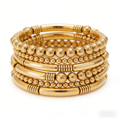 LXSSLY 5Pcs Gold Bangles Bracelets Set for Women,14K Gold Plated Stackable Bead Ball Bracelets Set,Adjustable Bead Bracelets,Boho Stretch Bead Ball Bracelet for Women, 7 in