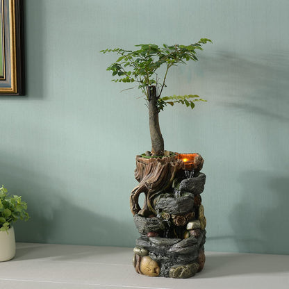 GOSSI Indoor 5-Tier Rockery Tabletop Waterfall Fountain with Auto Watering and Small Plastic Plant Pot, Decorative Home Water Fountain (22021)