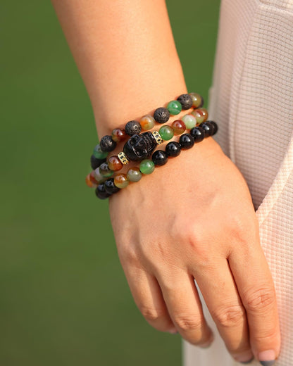Xfoxstal Wrap Agate Stretch Beaded Bracelets Protection Obsidian Small Skull Lava Stone Bracelet for Women Essential Oil Diffusers Jewelry Meditation Gifts 8mm