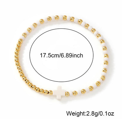 Bohxantium Gold Beaded Bracelets for Women Stackable Boho Gold Plated Red White Seed Beads Ball Cross Bracelets Stack Elastic Stretch Trendy Jewelry Accessories Non Tarnish Friendship Christian Gift