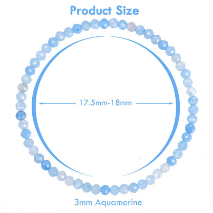 BONNY BOXX Natural Genuine Gemstone Faceted Round Beads Bracelets, 3mm Adjustable Stretchy Tiny Faceted Aquamarine Bracelet, Healing Crystal Reiki Chakra Dainty Jewelry Fashion Gifts
